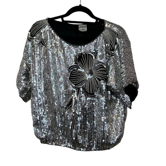 Vintage Unbranded Womens 100% Silk Silver Sequin Beaded Floral Blouse Maximalist - Picture 1 of 9